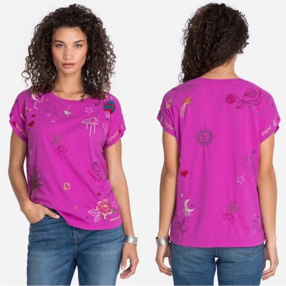 Johnny Was Tops - Johnny Was Kai Relaxed Short Sleeve Boxy Tee Shirt Magenta Size XL Women’s